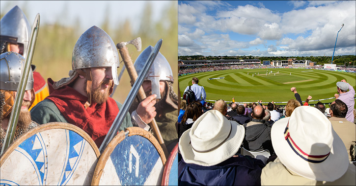 Men dressed as Vikings and crowd watching Durham Cricket